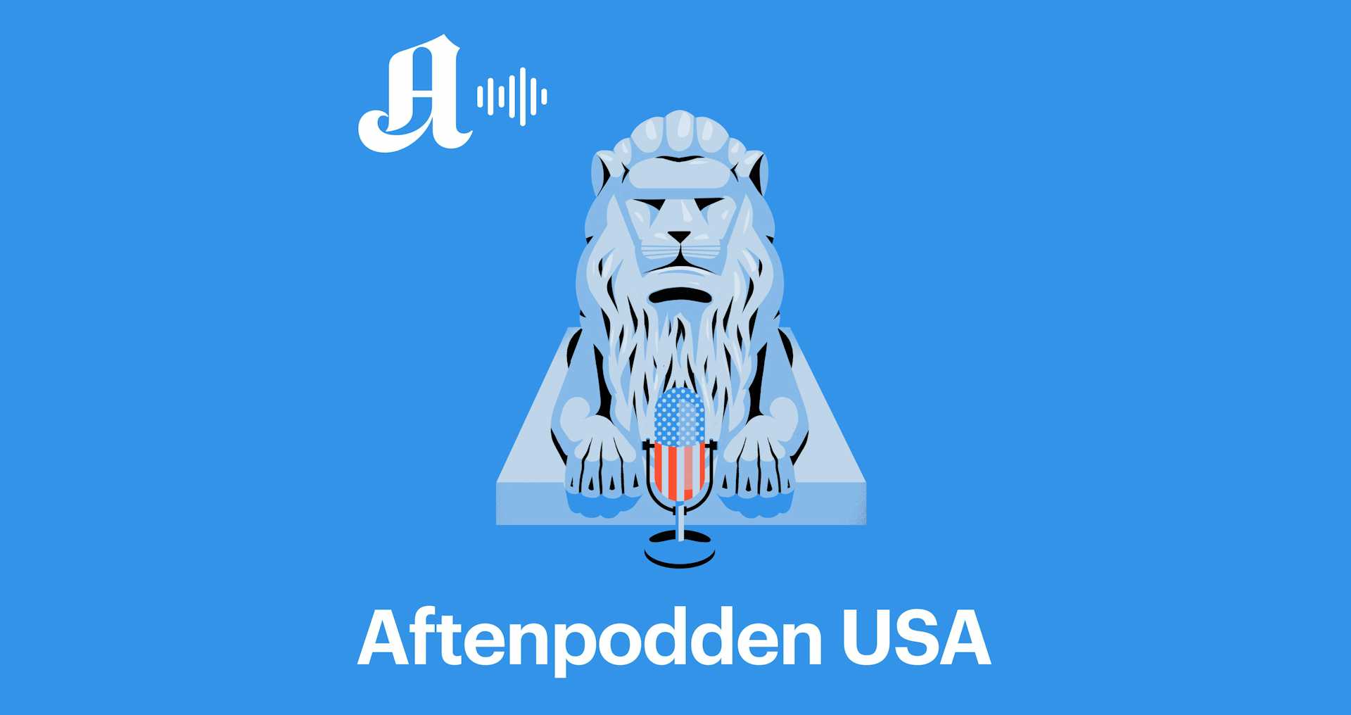 En løve med mikrofon, logoen til podcasten Aftenpodden USA